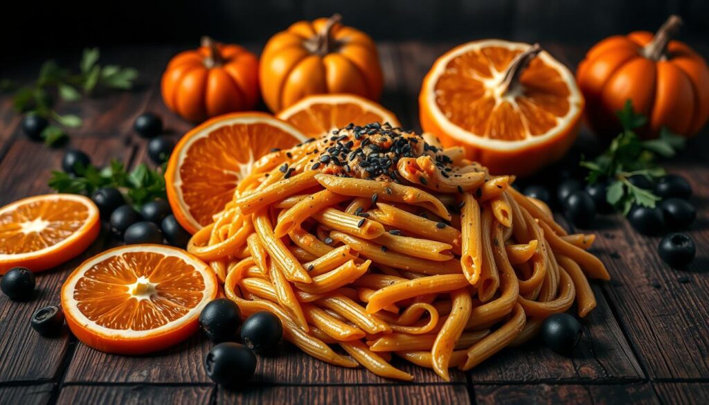 Halloween pasta dish with orange and black colors