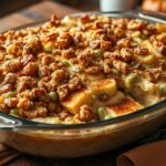 Turkey, mashed potatoes, cheese, a special sauce, and some little extras combine
