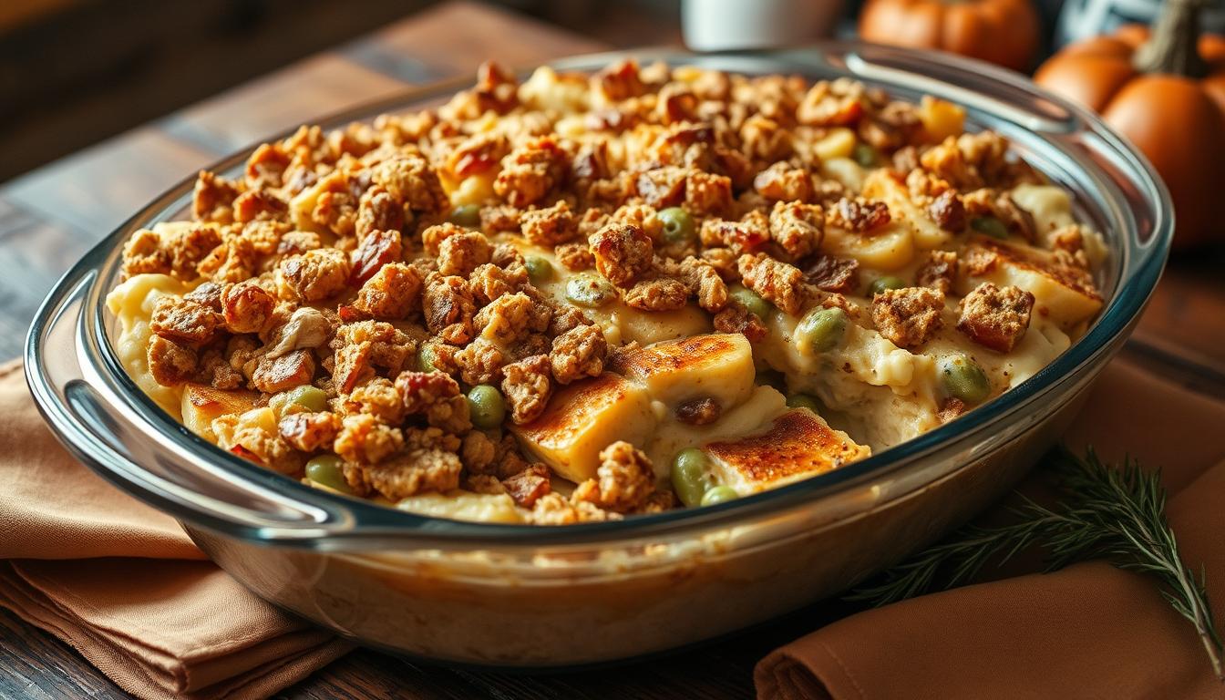 Turkey, mashed potatoes, cheese, a special sauce, and some little extras combine